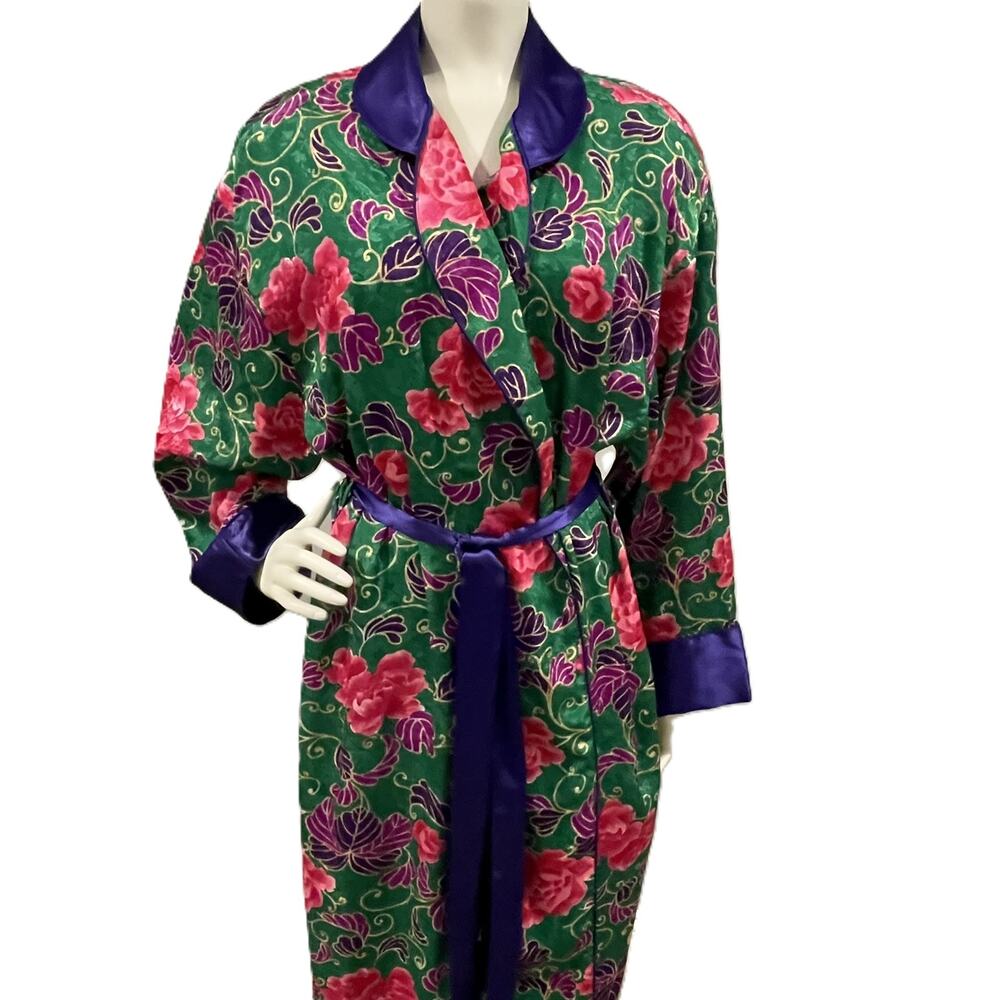 VTG Victoria's Secret Gold Label Robe M/L Floral‎ Belted Green Pink Purple